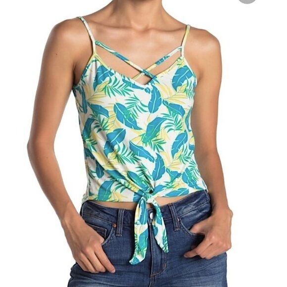 🌺 Poof Tropical Botanical Print Strappy Knotted Tank Top NWT Size L - Picture 1 of 8